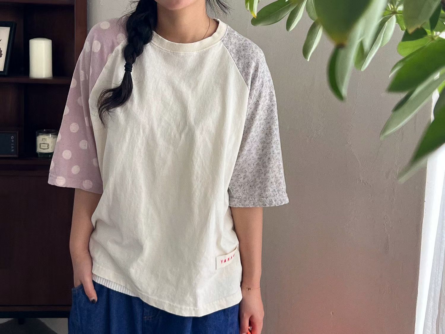 YA OX 併布袖子top