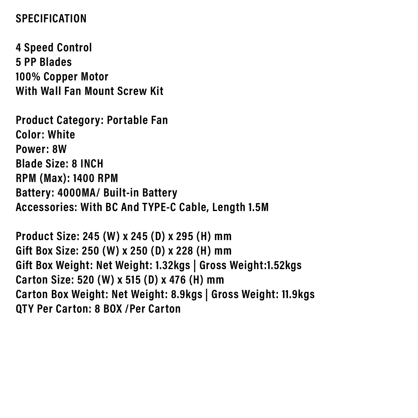 Faber 4000mAh Portable Fan FPF 8541WH