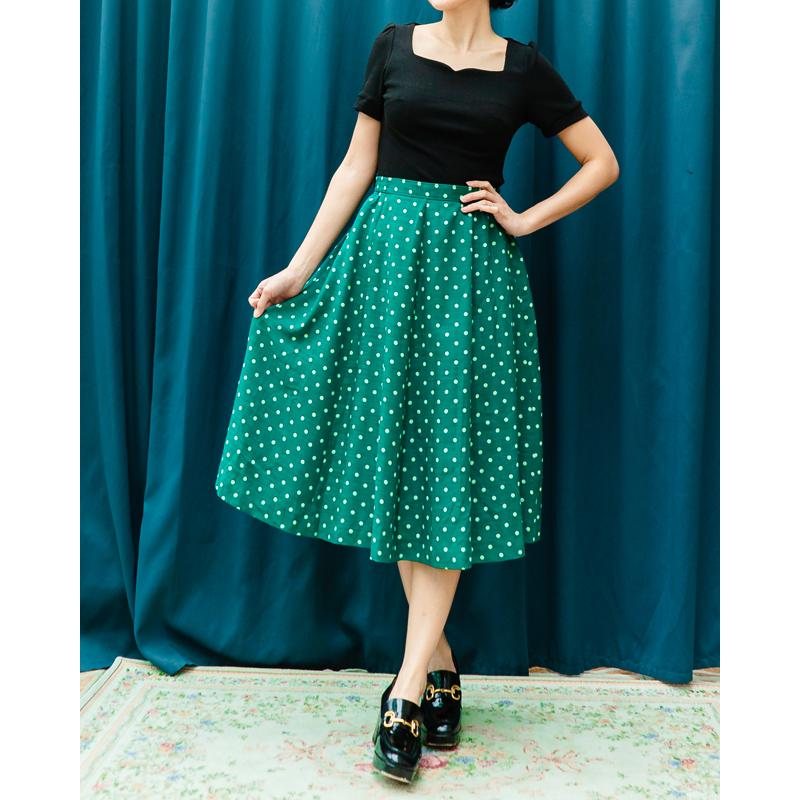 Vintage Japan White Polka Dot on Green Swing Skirt - Waist 26.5~30" (MT1606-1)