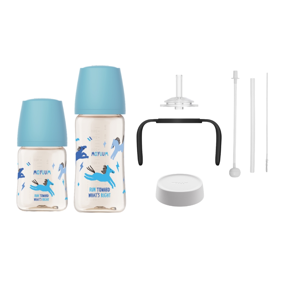 Moyuum - PPSU 寬口防漲氣奶瓶170+270ml(快樂小馬-藍色)+寬口奶瓶防漏學習吸管套裝(黑色)+奶瓶蓋配件(白色)_MY283