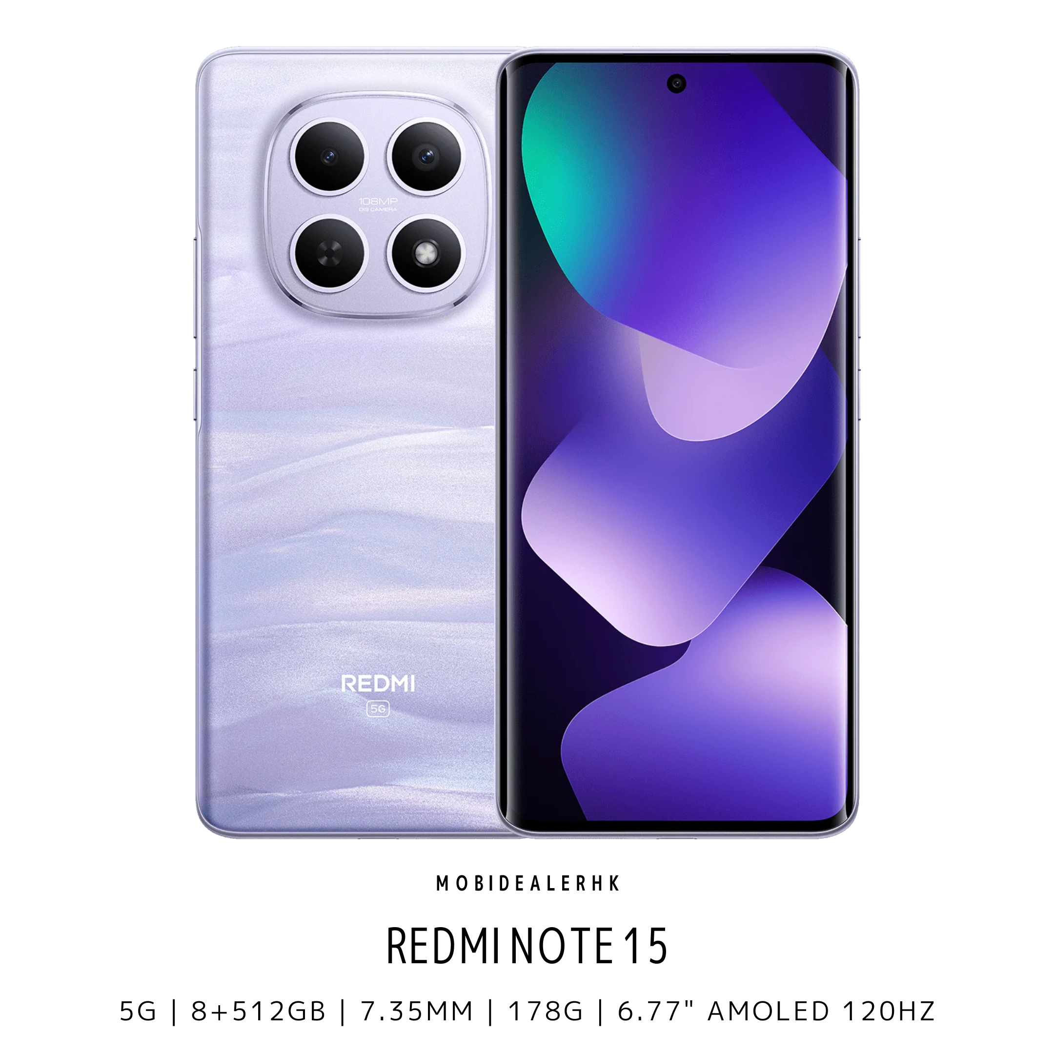 Redmi Note 15 | 紅米 Note 15 | 5G | 智能手機 | 1 億像素超清主鏡頭 | 7.35mm 輕薄羽量 178g | 5520mAh 大容量電池 | 45W 快充 | 6.77 吋 120Hz 護眼 AMOLED
