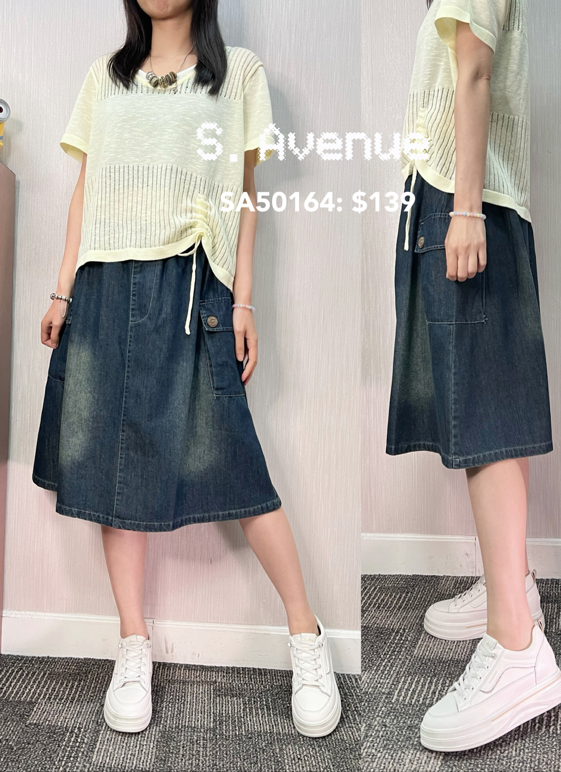 SA50164: 橡筋腰側有方袋過膝牛仔裙