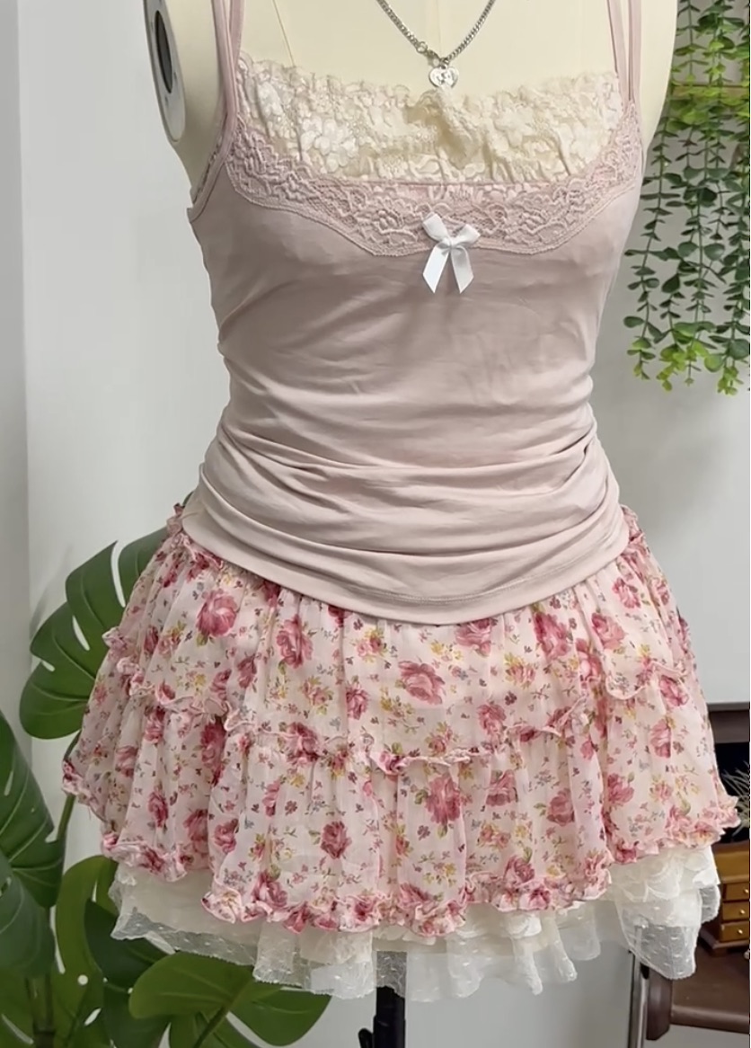 Pink Floral Ruffle Skirt