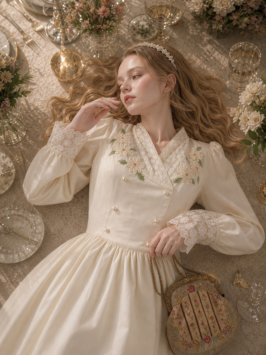 凡爾賽晨光野菊珍珠刺繡連身裙 Versailles Morning Light Daisy & Pearl Embroidered Vintage One-Piece Dress