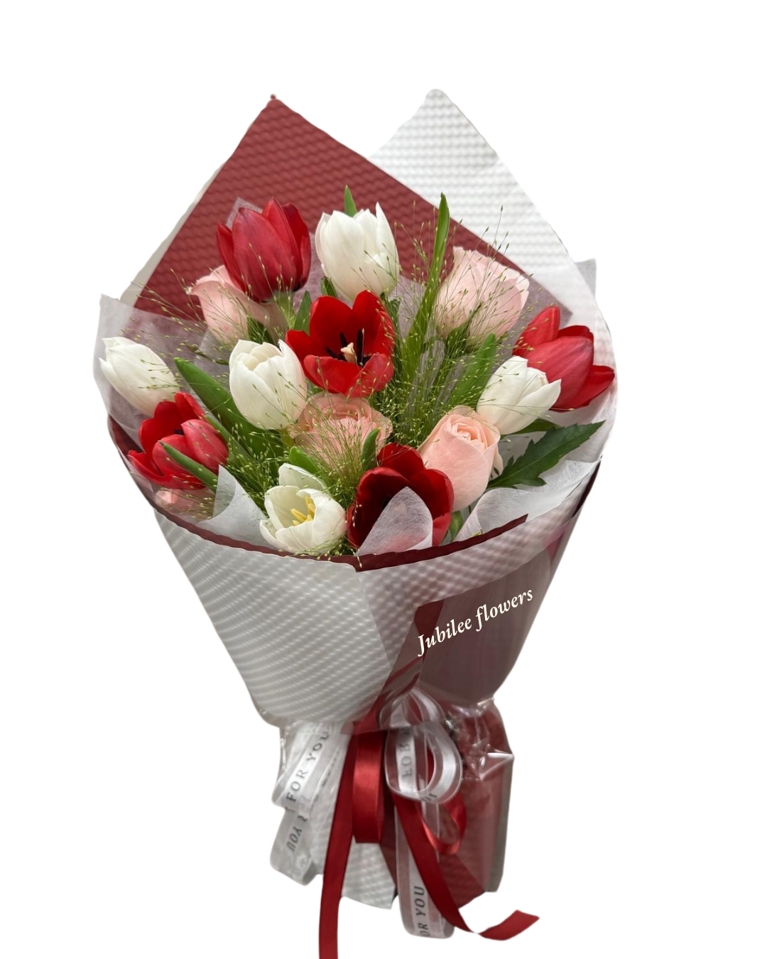 紅白色鬱金香花束