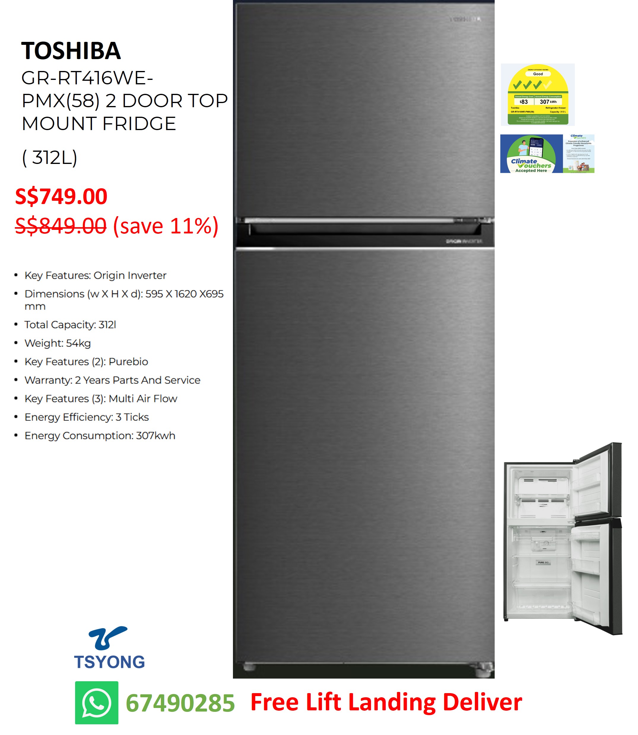 GR-RT416WE-PMX(58) TOSHIBA 312L TOP MOUNTED FREEZER