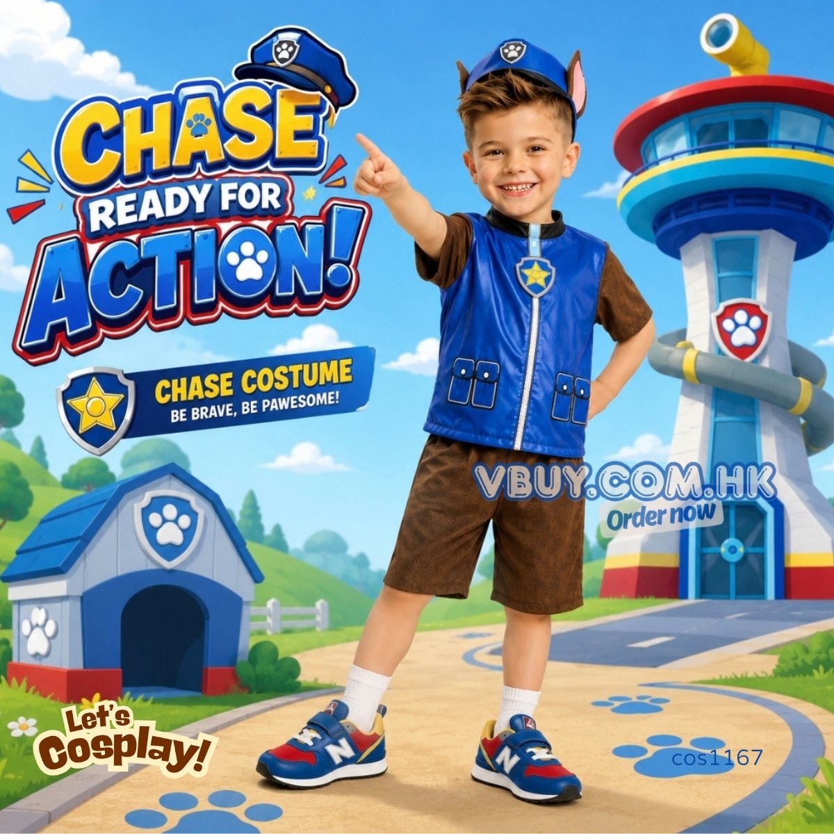Paw Patrol Chase Costume 汪汪隊立大功阿奇短袖角色扮演表演服 兒童Cosplay Halloween服裝 Lets Cosplay cos1167