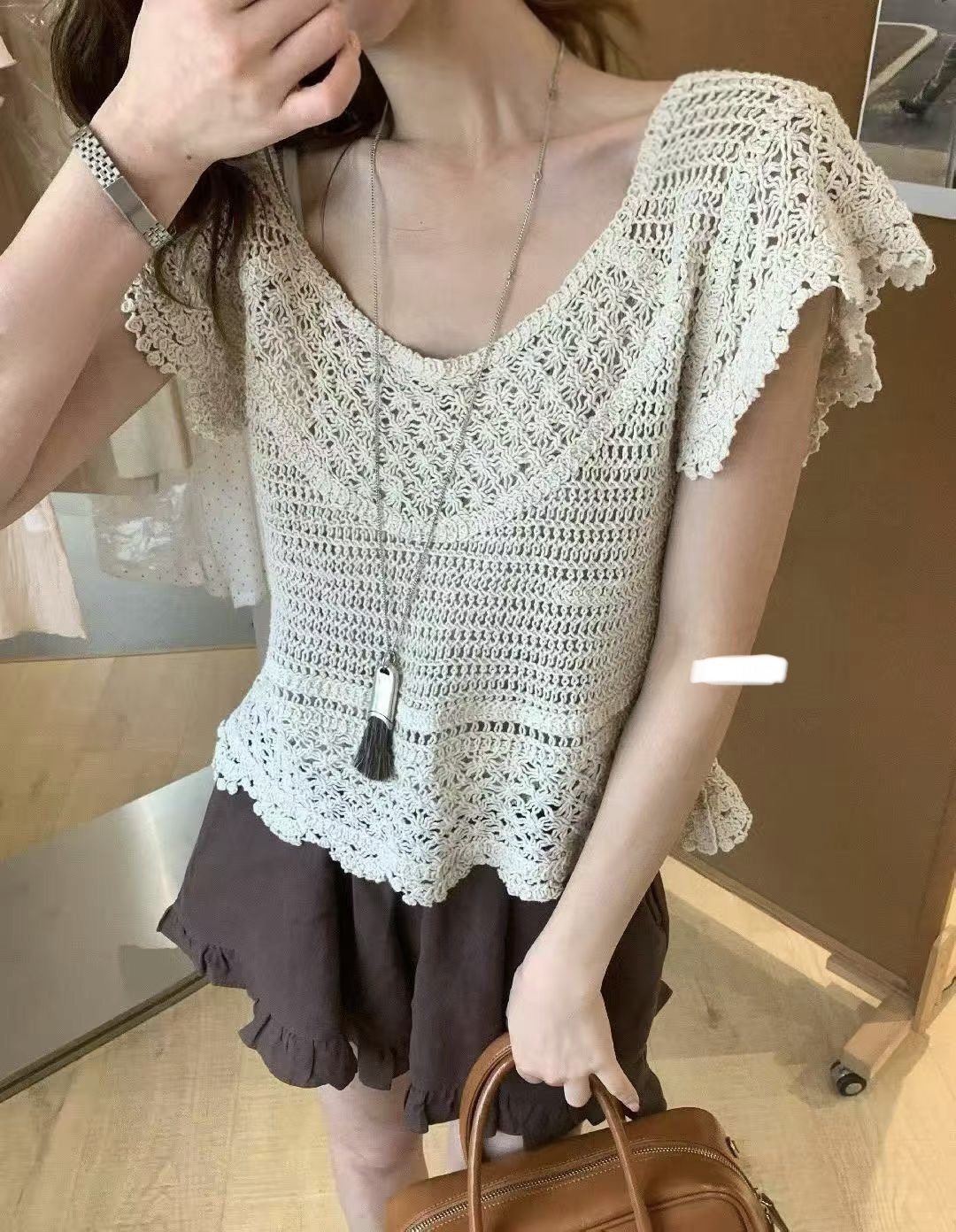 勾花米色top 