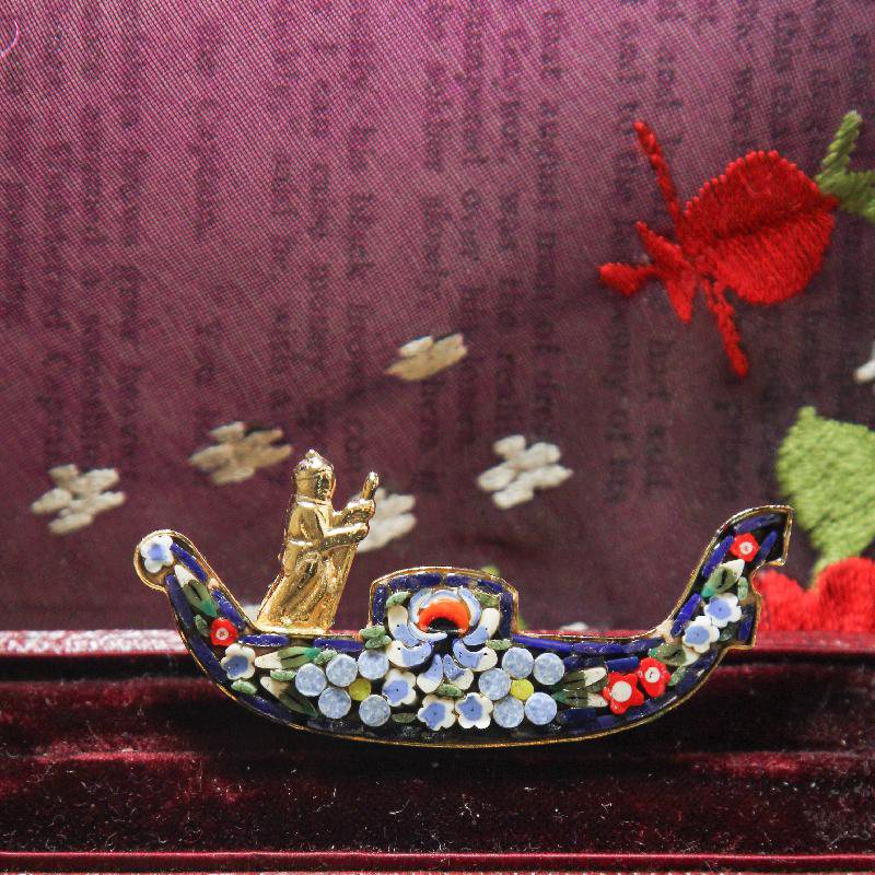 Vintage Pre-1980s Italian Gondola Mosaic Brooch -Blue (FA284)