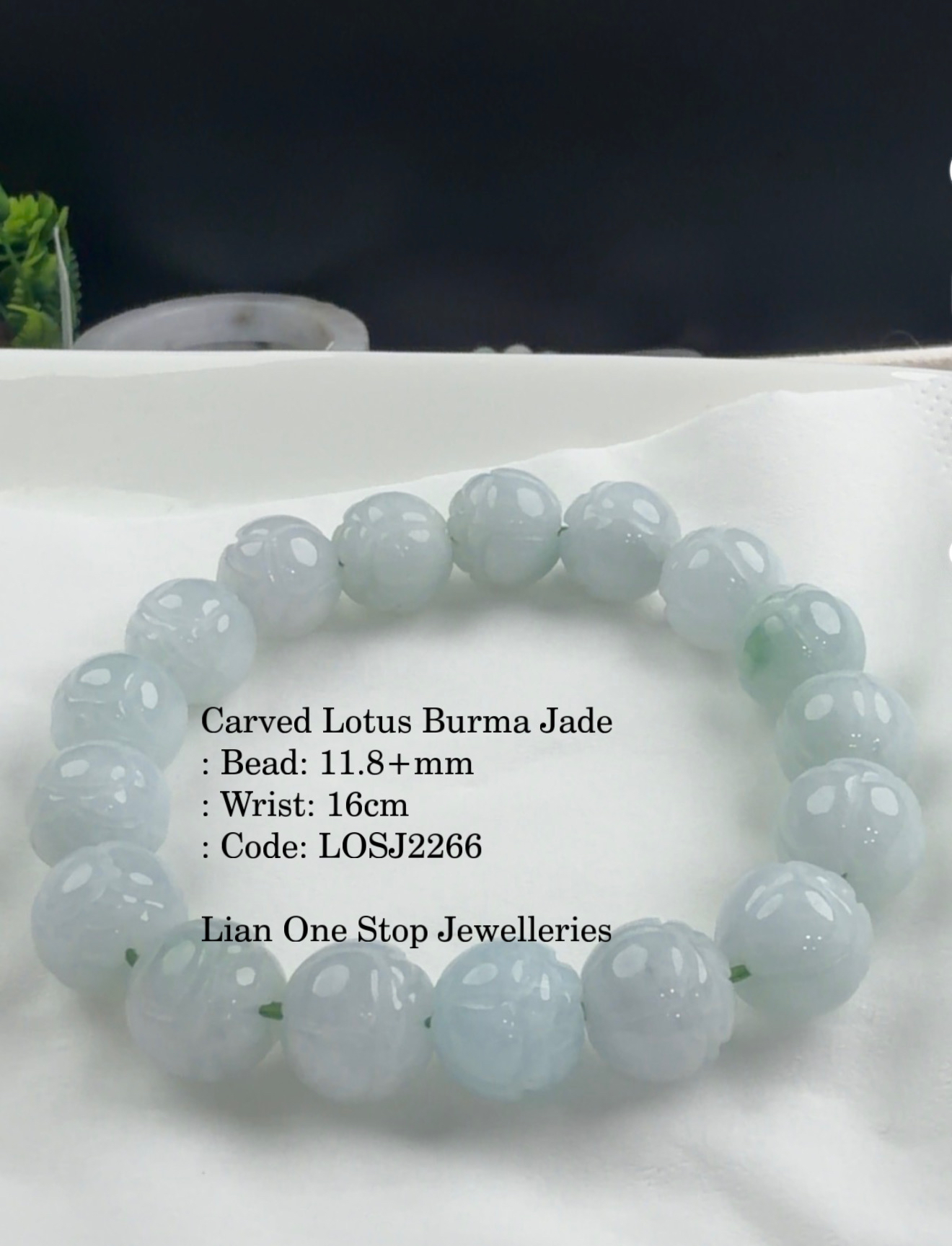 Code: LOSJ2266 Carved Lotus Burma Jade 11+mm 