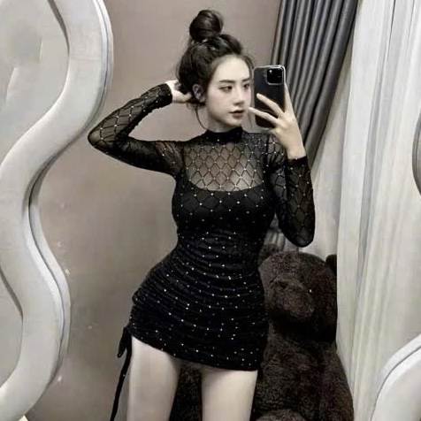 黑色網紗迷你連身裙 两件套