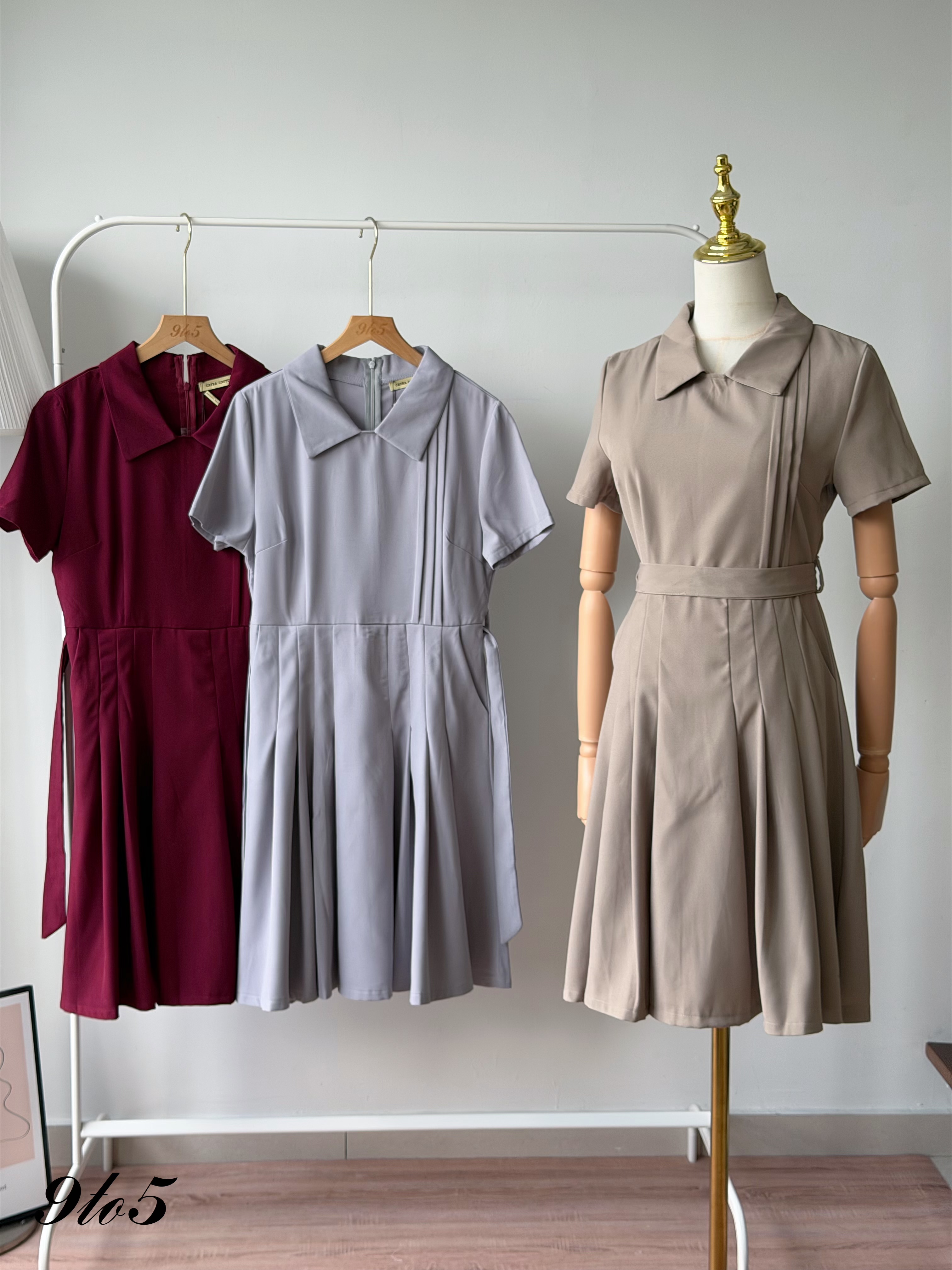 D2385 Collared Pleated Midi Dress - 3 Colors 