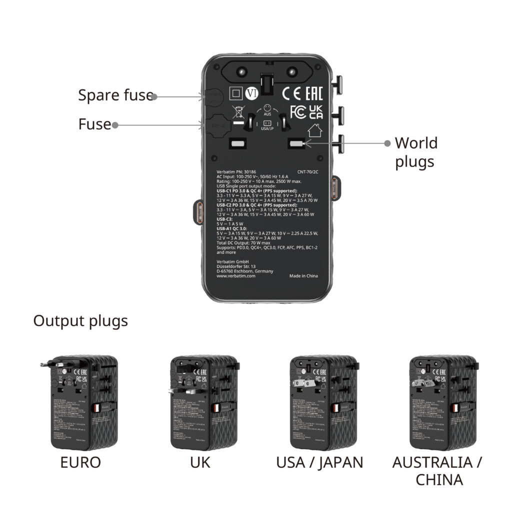 香港行貨 2年保養  Verbatim 威寶 Charge 'n' Travel Diamond 70W 通用旅行轉插(附雙USB-C可伸縮充電線) (CNT-70/2C) 30186