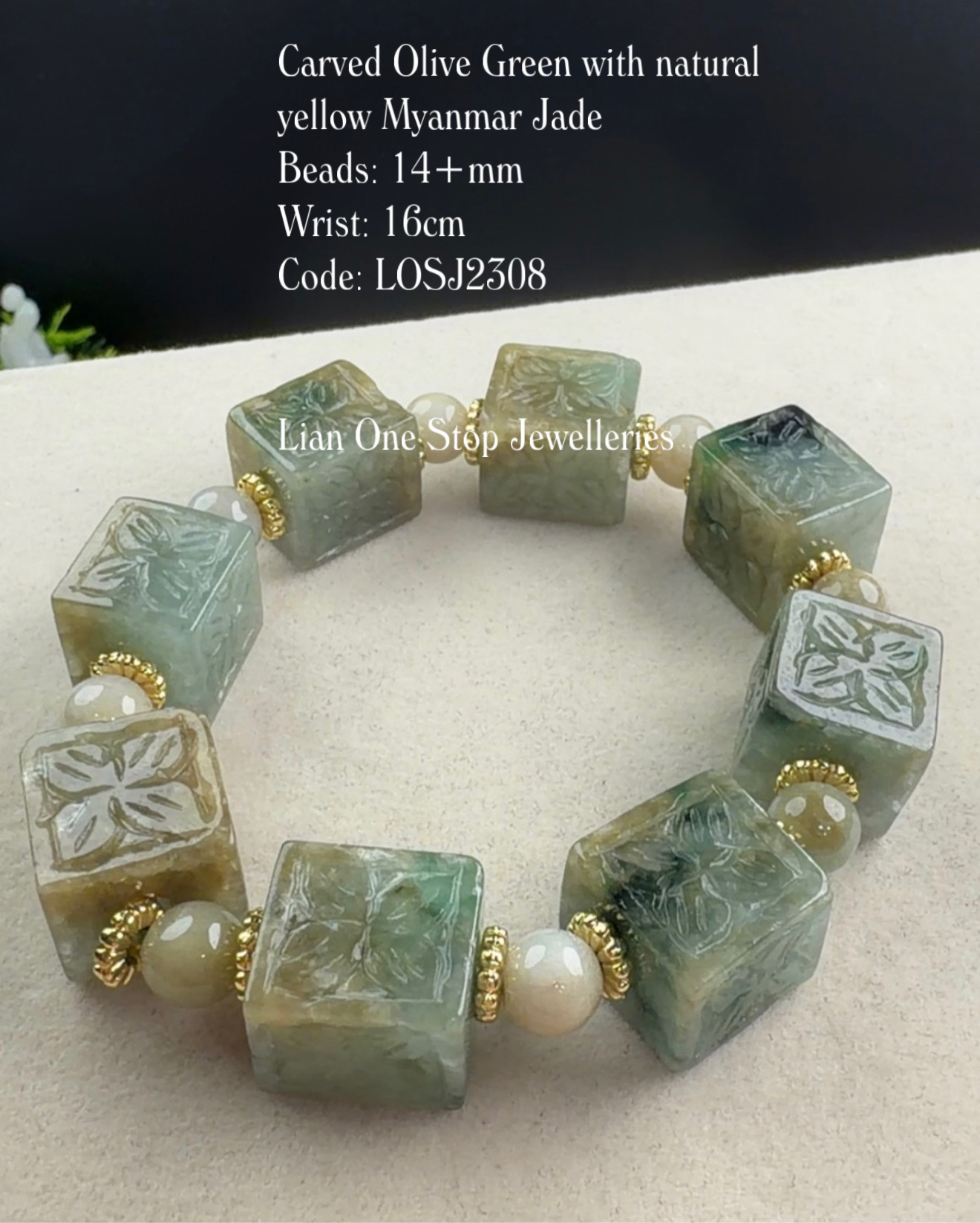Code: LOSJ2308 Carved Olive Green with natural yellow Myanmar Jade 