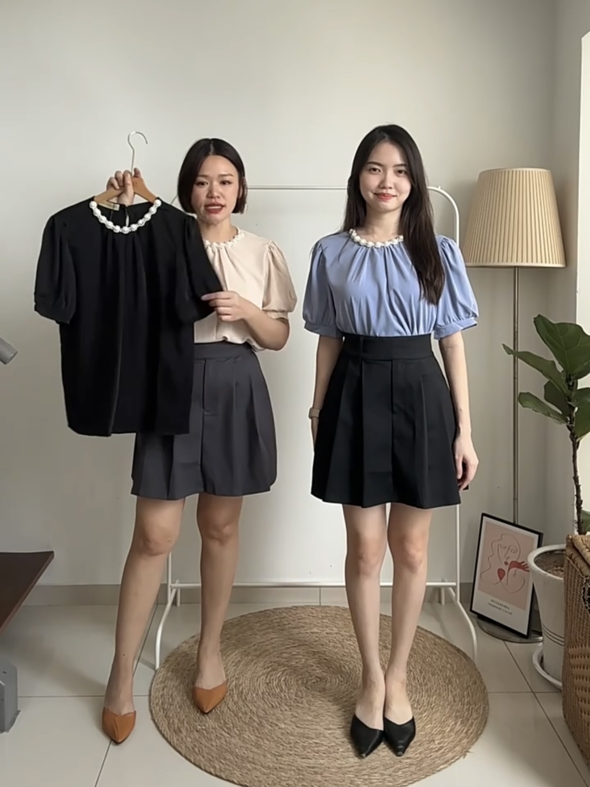 T4071 Puff Sleeve Pearl Collar Top - 3 Colors 