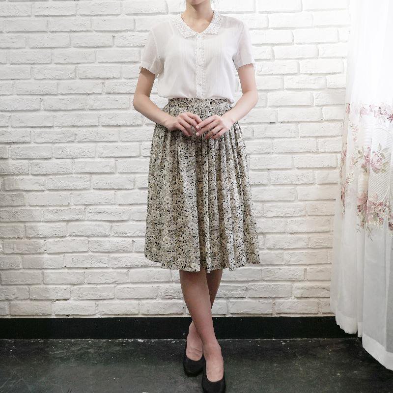 25" Waist Japanese Botanical Illustration Pattern Pleated Skirt (TA116)