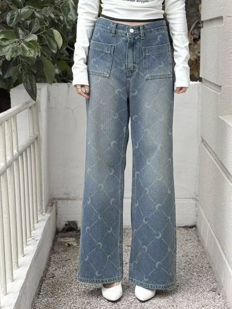 月亮圖案直腳牛仔褲