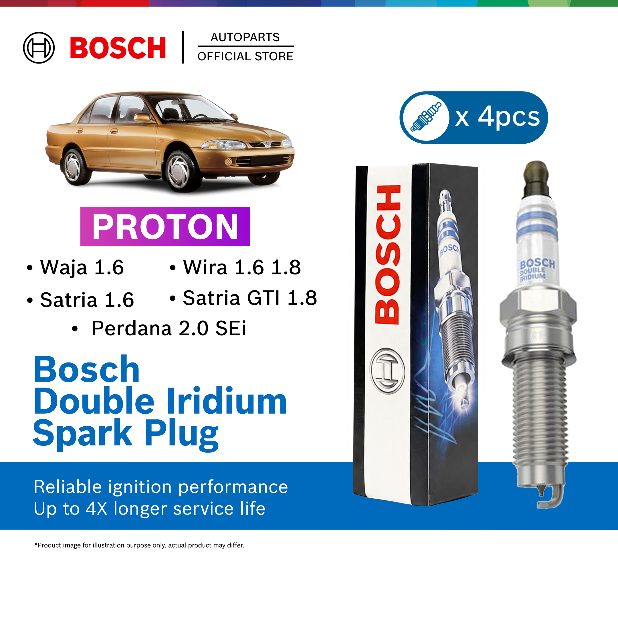 Bosch Double Iridium Spark Plug 4pcs PROTON Waja 1.6 4G18 MMC Wira 1.6/1.8 Satria 1.6 GTI 1.8