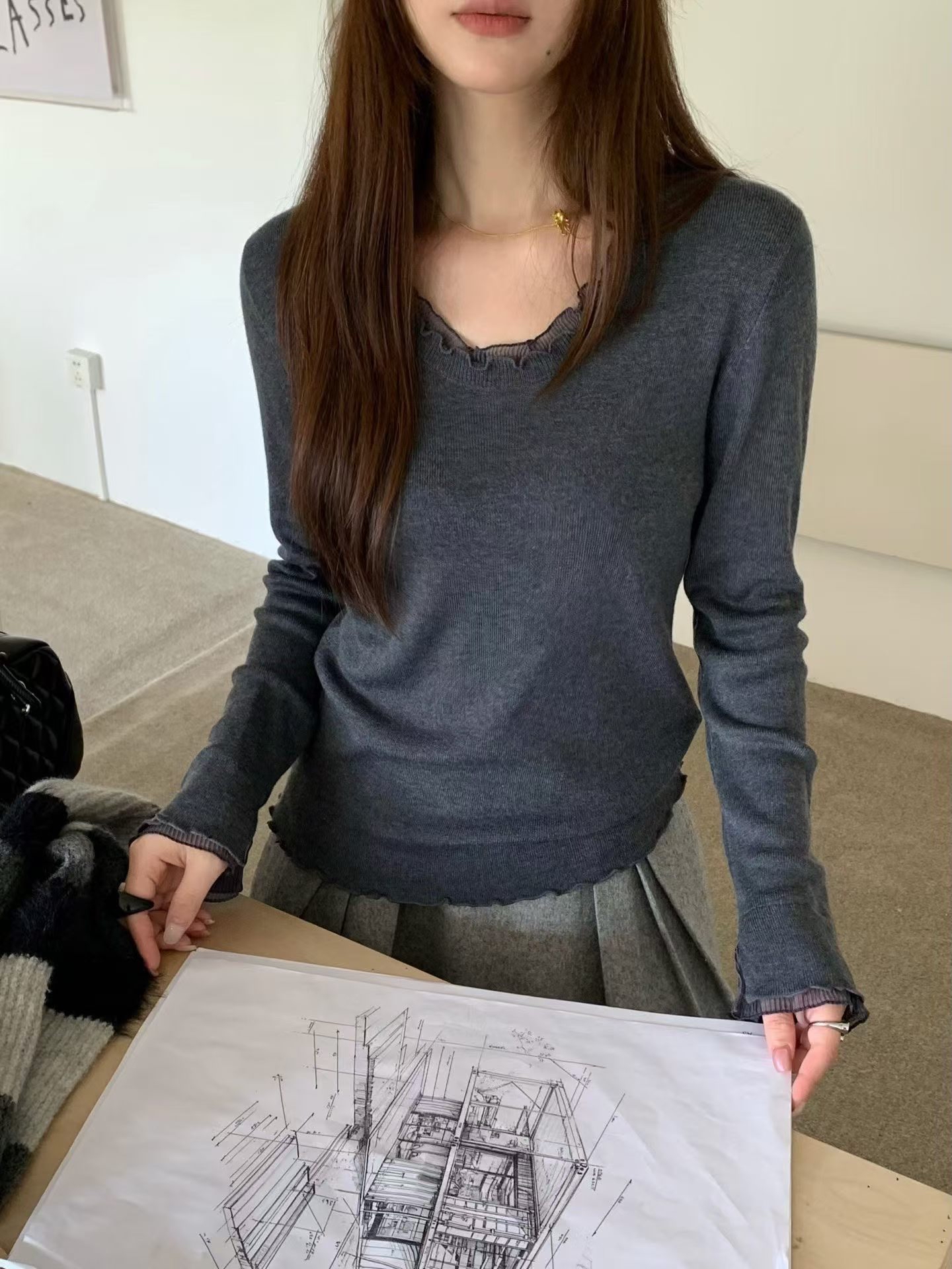 針織 柔軟彈性 雙層木耳邊top 