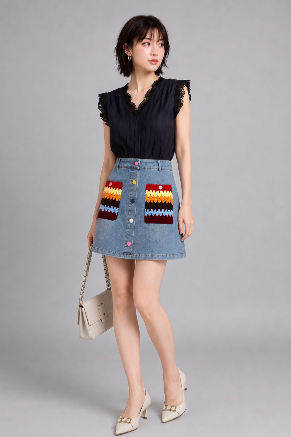 28034 Lace Trim Pleated V-Neck Blouse