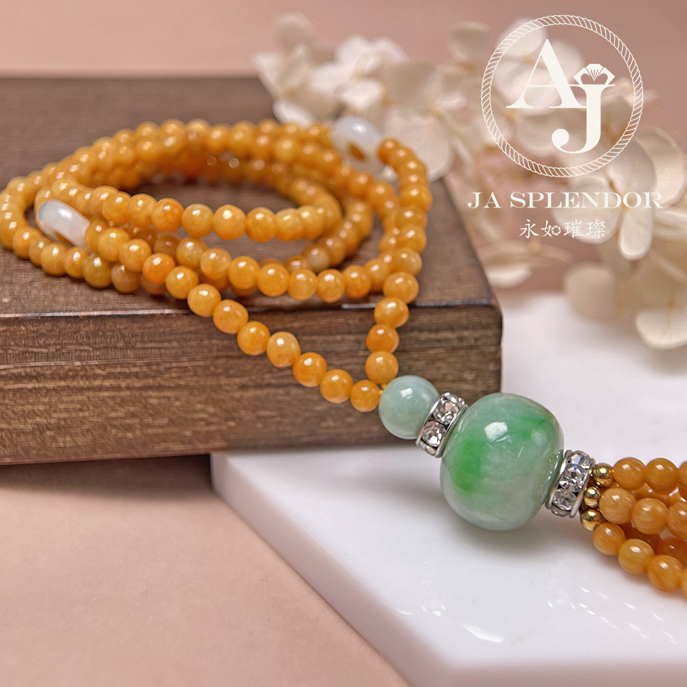 JN-H40-261 天然翡翠A玉 華麗黃翡配綠珠串串金項鏈