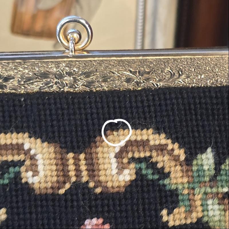 Vintage C.a. 1960s Hand-Stitched Floral Needlepoint Bag with Handpainted Rose Frame (MT2506)
