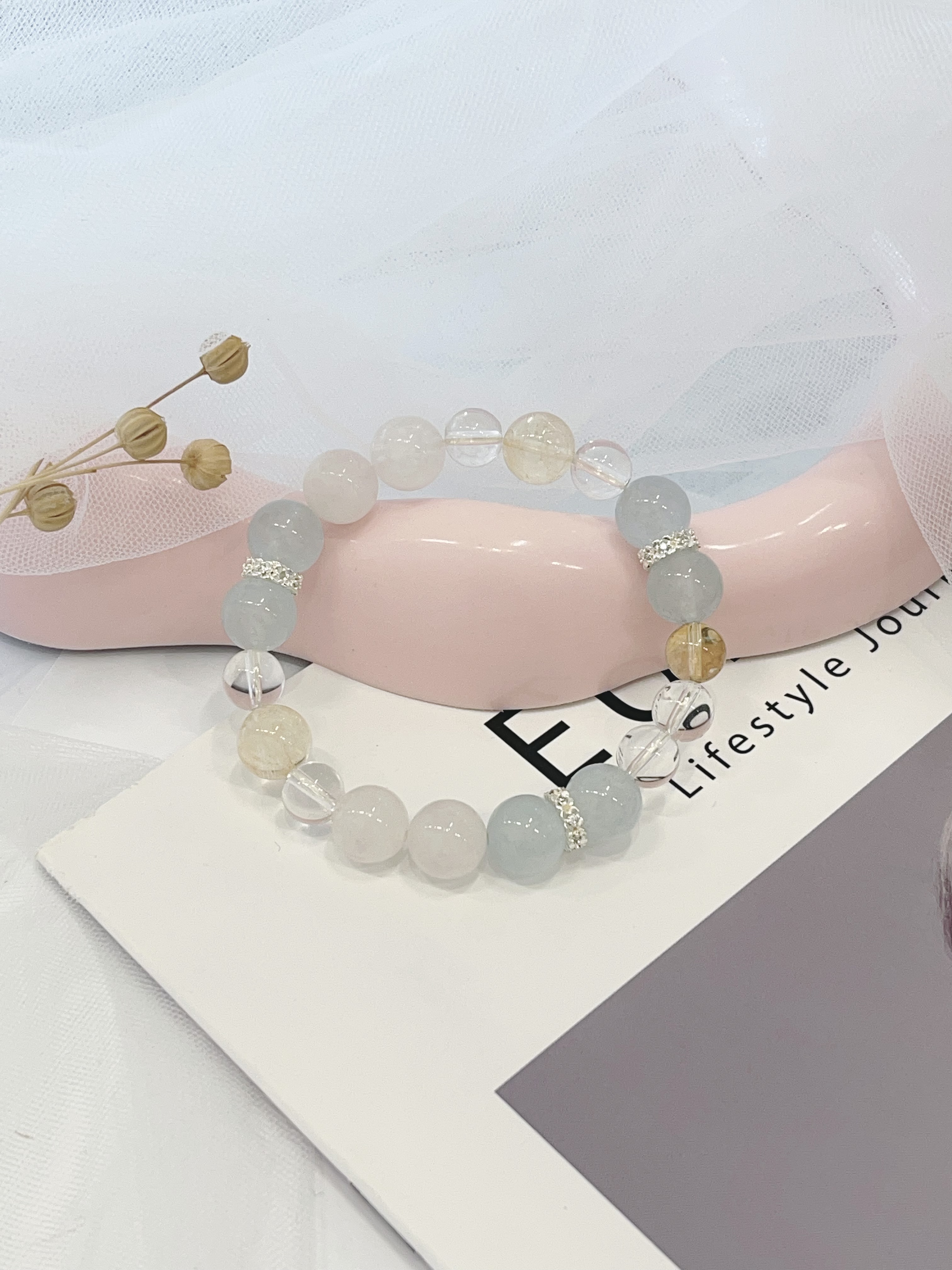 🌊 海蓝宝 × 白幽灵 × 黄发晶 × 白水晶手串 Aquamarine & White Phantom Quartz & Golden Rutilated Quartz & Clear Quartz