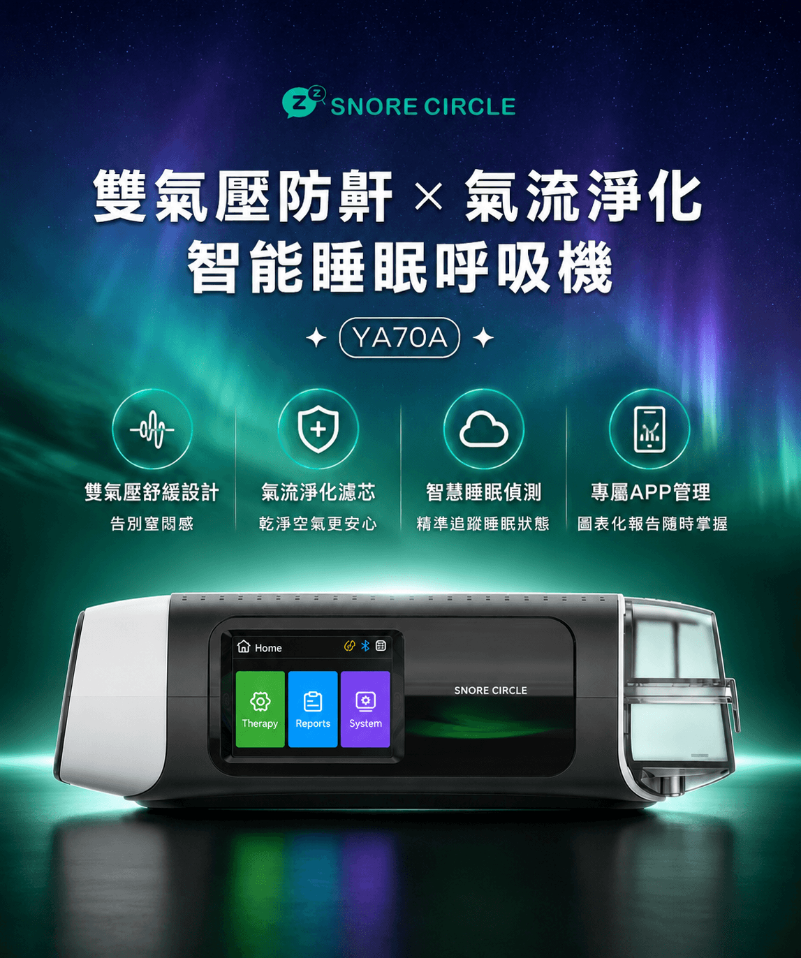 香港行貨  Snore Circle YA70A 雙氣壓防鼾Ｘ氣流淨化智能睡眠呼吸機