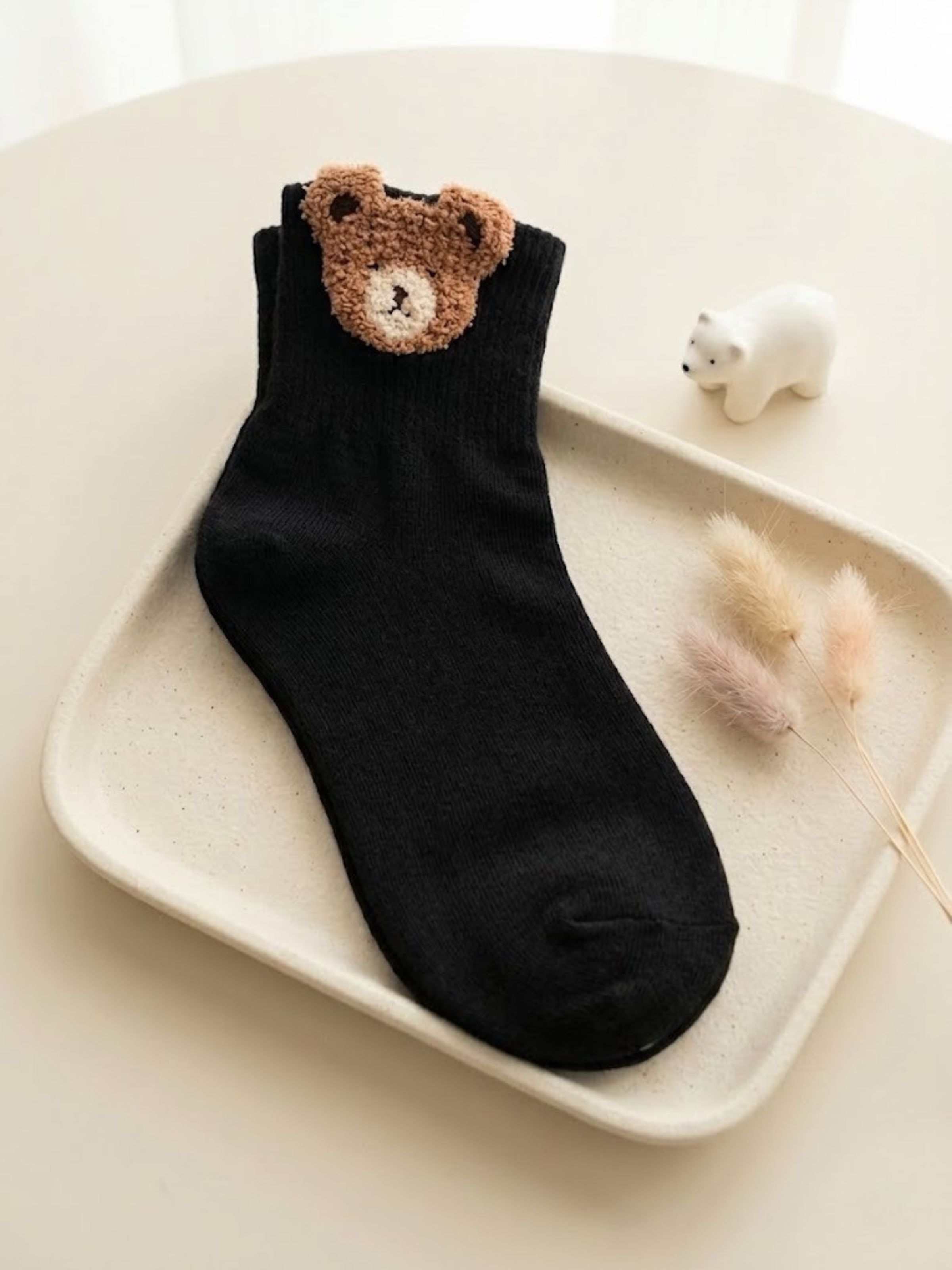 Korean Brown Bear Head Ear Calf Women Mid Crew Socks