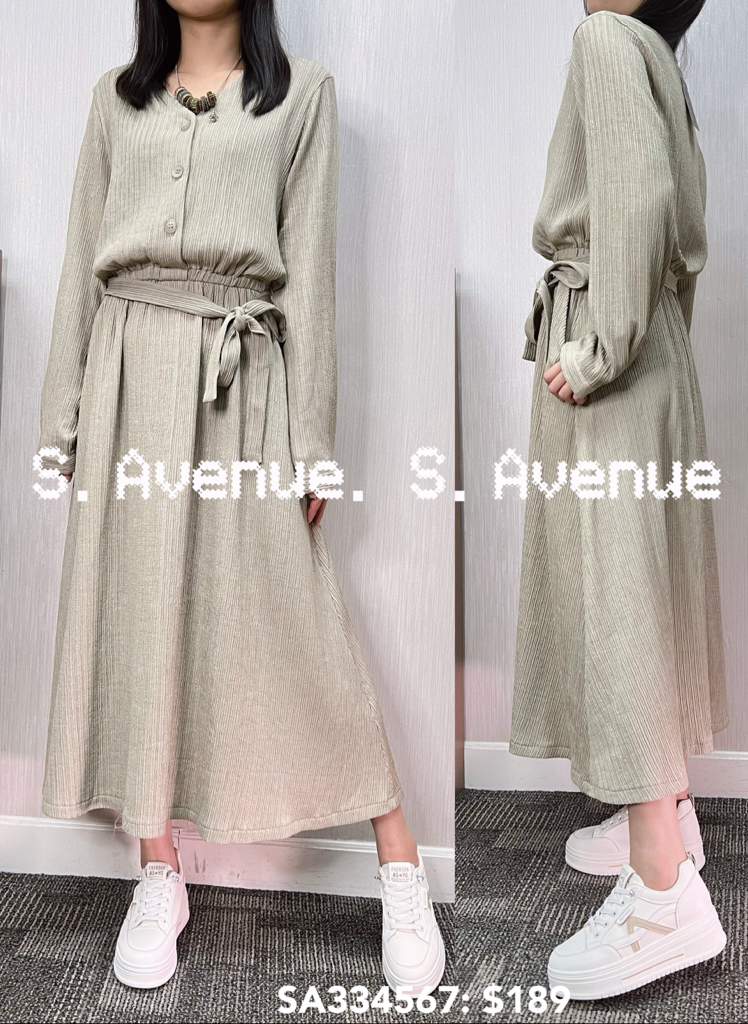 SA334567: 長袖V領暗直紋綁帶op