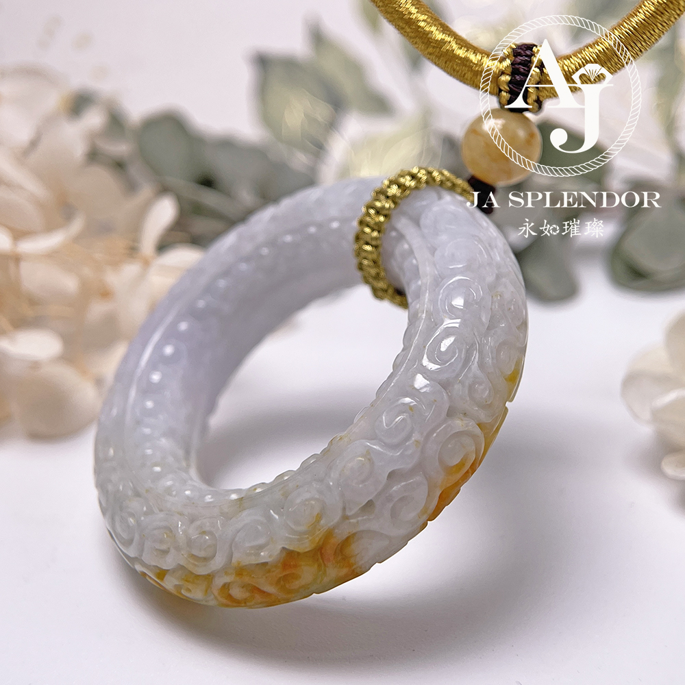 JN-3299 天然翡翠A玉 復古回紋順利招財黃翡精工雕刻糖環