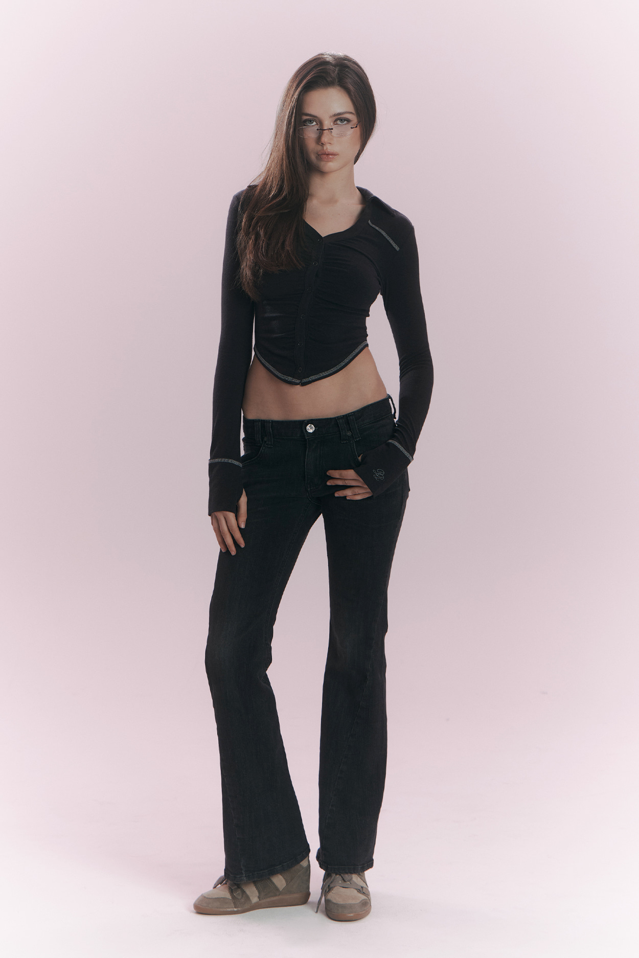 pleaseNOFOLLOW - Mamie Snap Button Slim Shirts (Black)