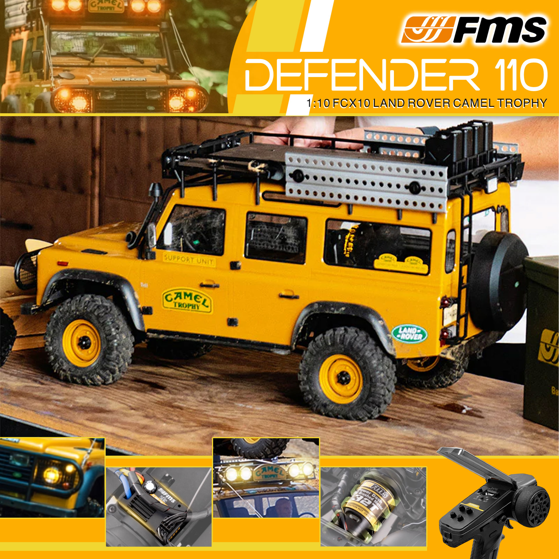 全新 FMS 1:10 Land Rover Camel Trophy Defender 110 攀爬車 | D110 | FCX10 | Land Rover 授權 | 4輪驅動 | 550 32T 有刷電機 | 雙速變速機械波箱