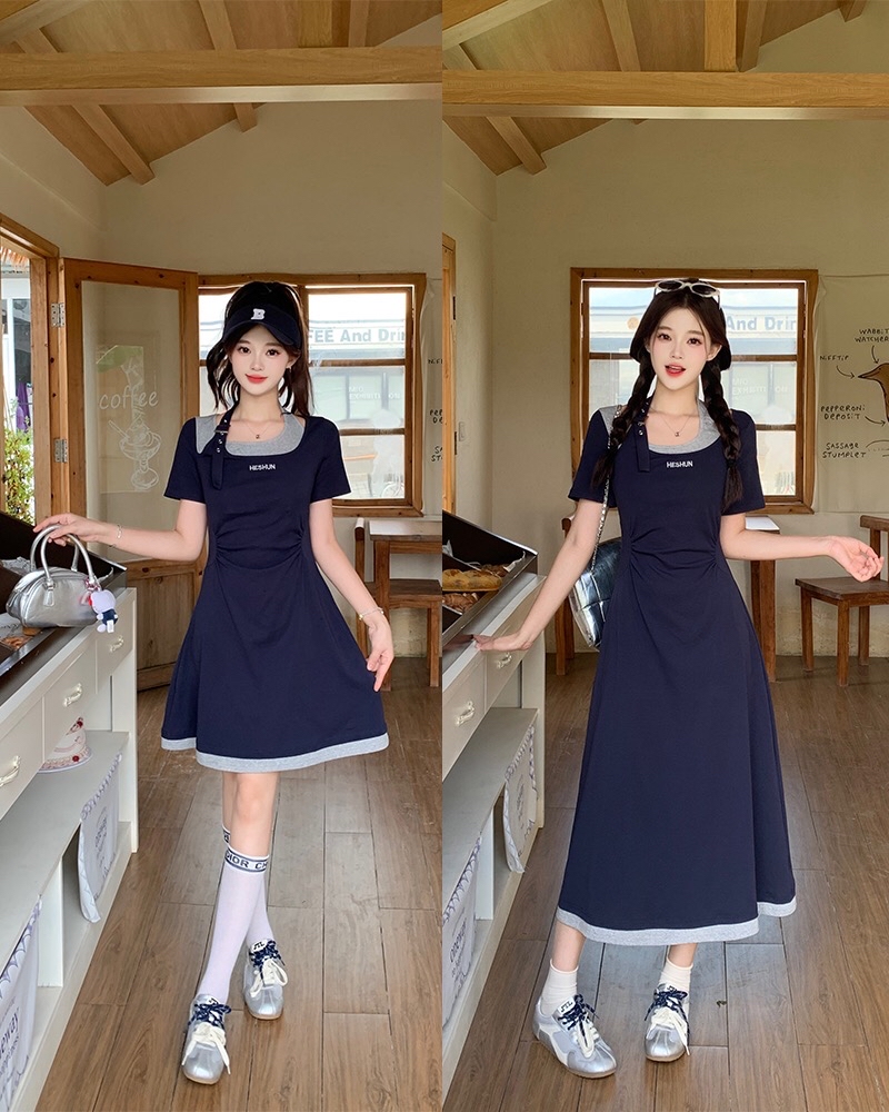 B279(64643短) 短款美式甜酷风假两件撞色单边扣带领灰拼蓝连身裙