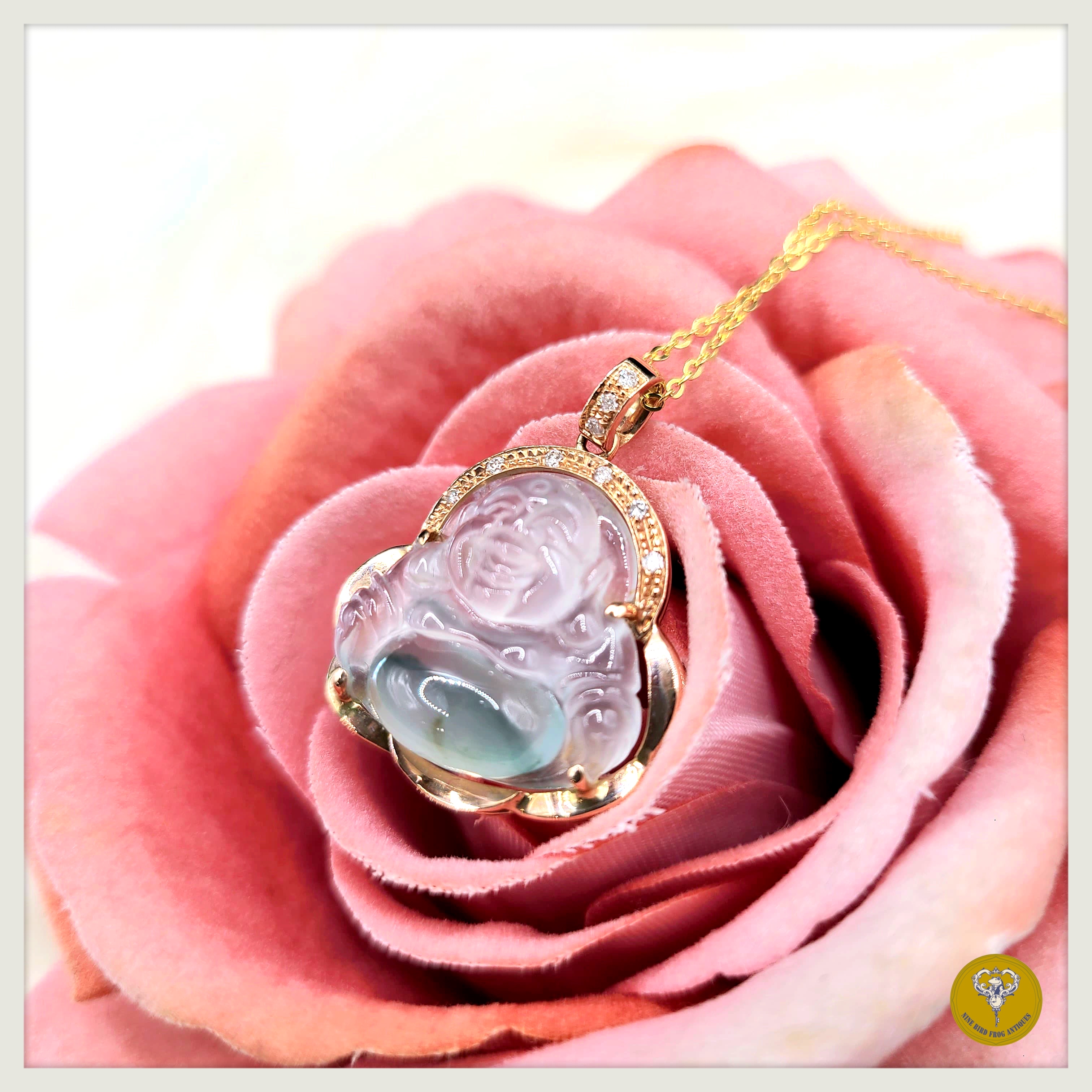 80年代高冰種翡翠彌勒佛鑽石18k金鑲嵌配純銀包金頸鍊（付證書）