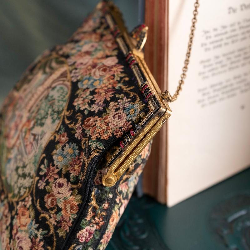 C.a. 1940s Floral & Garden Scenery Tapestry Handbag with Enamel Frame and Champagne Lining (MT2029)