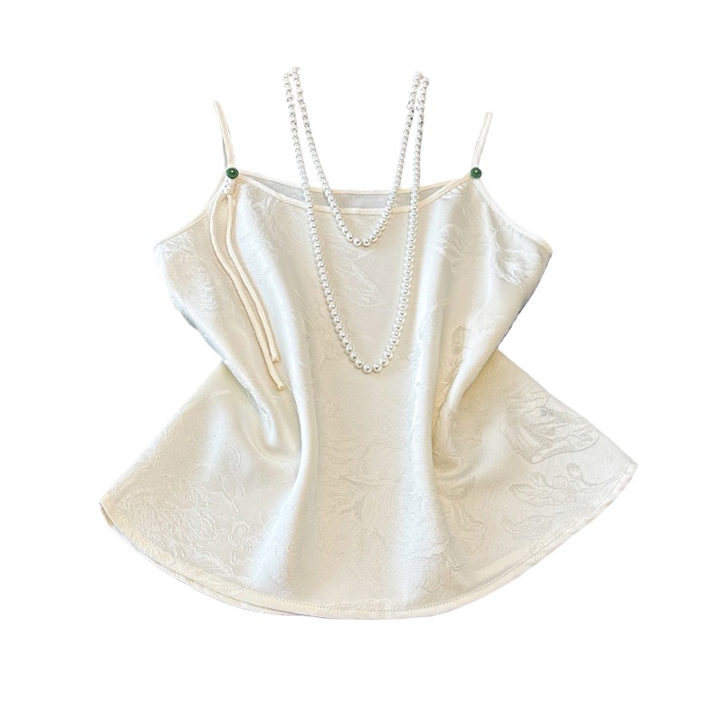 B05(0123) 新中式吊带边绿玉扣重工提花黑杏内搭 