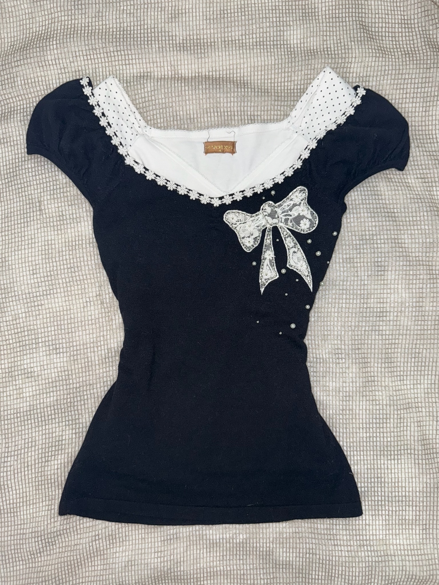 Balletcore Lace Pearl Accent Bow Knit Top