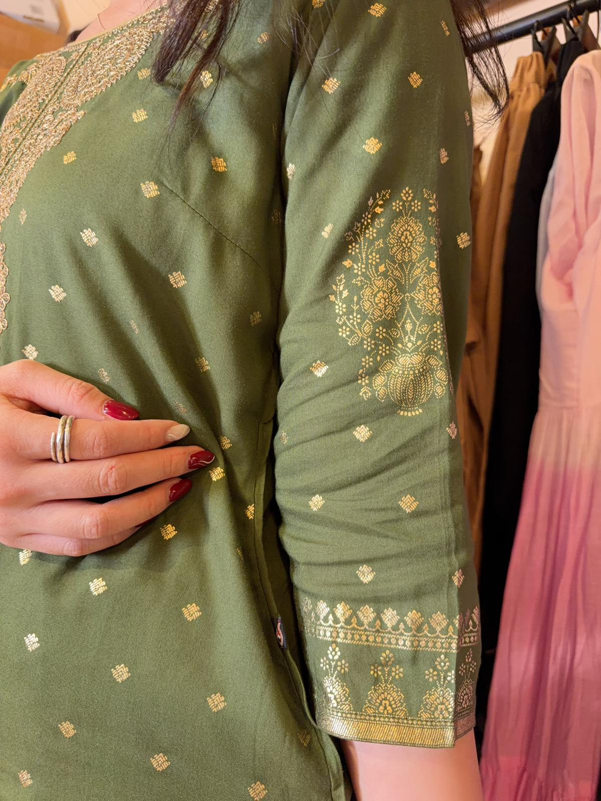 Olive Green Gold Print Embrodiery Kurta #1357