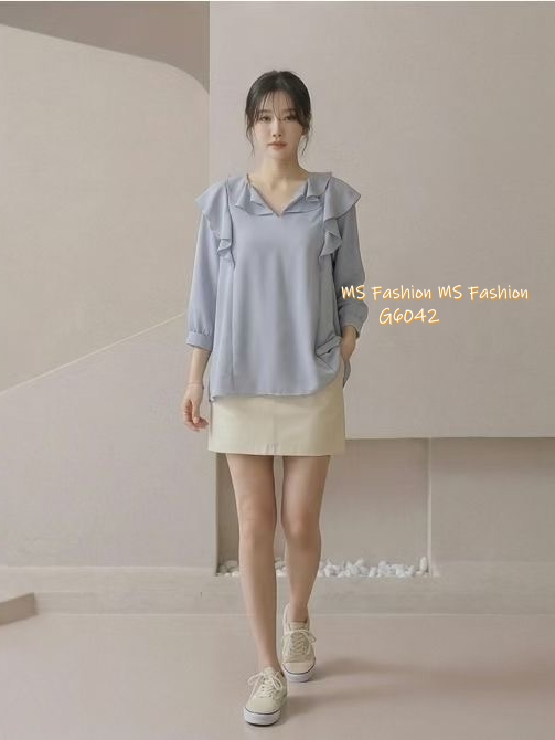 G6042 韓國🇰🇷靚料V領ruffle top