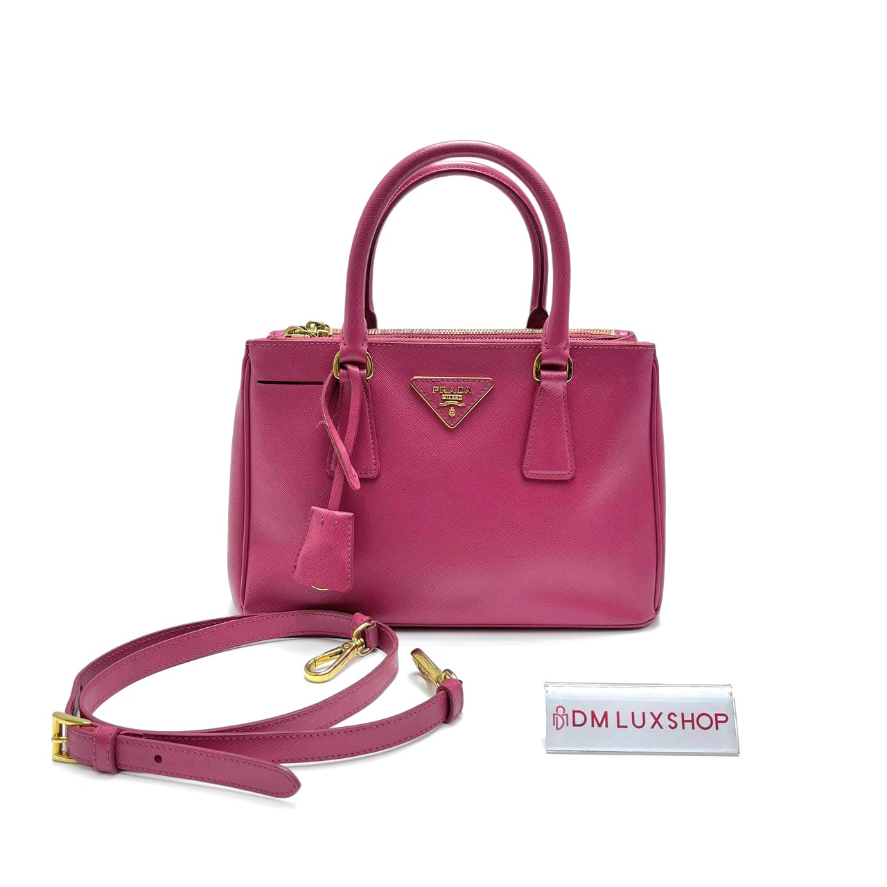 Prada Saffiano Magenta Pink Small Double Zip Galleria Lux Tote GHW