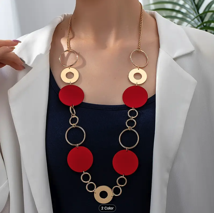 Long Layered Necklace with Golden-Tone Circles with Red/Black Circles