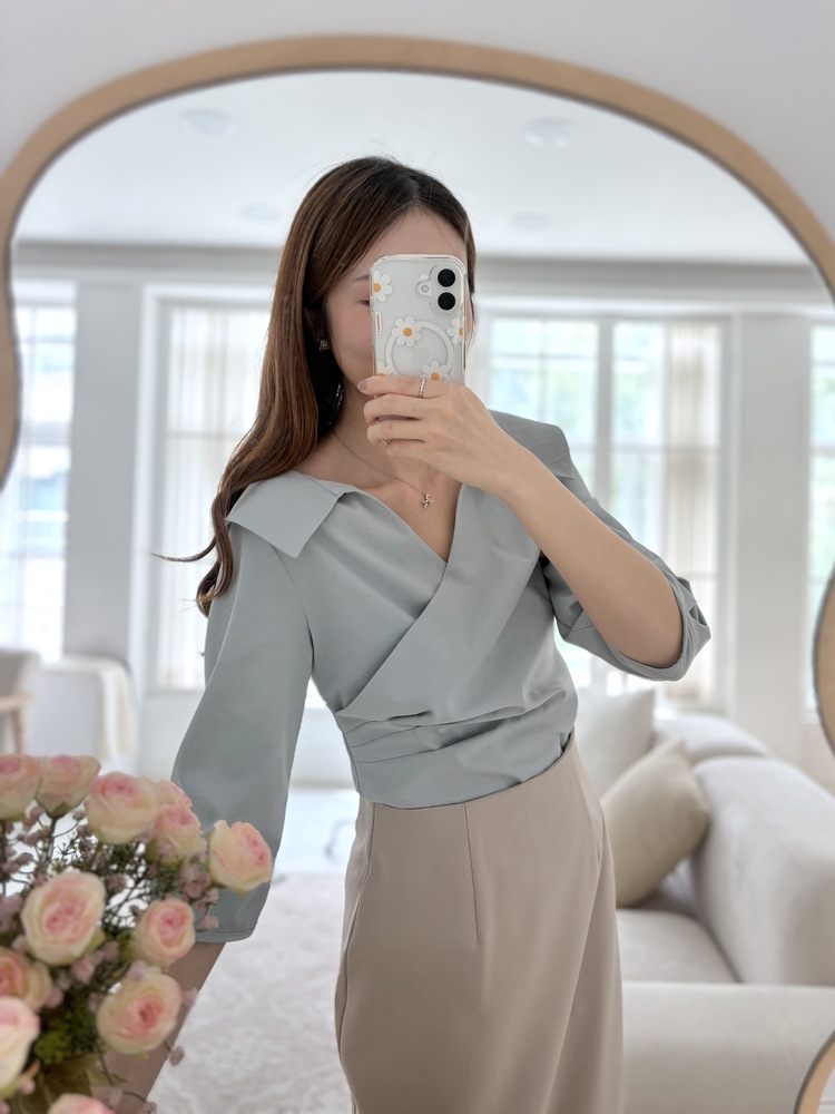 Camelia Wrap Collar Blouse (Blue)