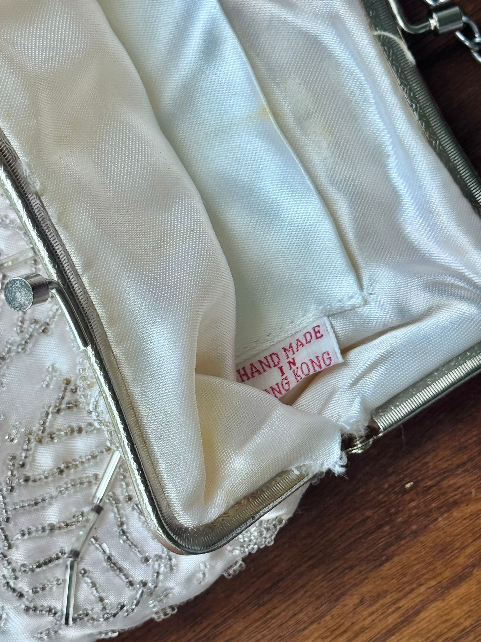 Vintage C.a. 1970s Hand Made in Hong Kong Silver Bead Satin Evening Bag (MT2604)