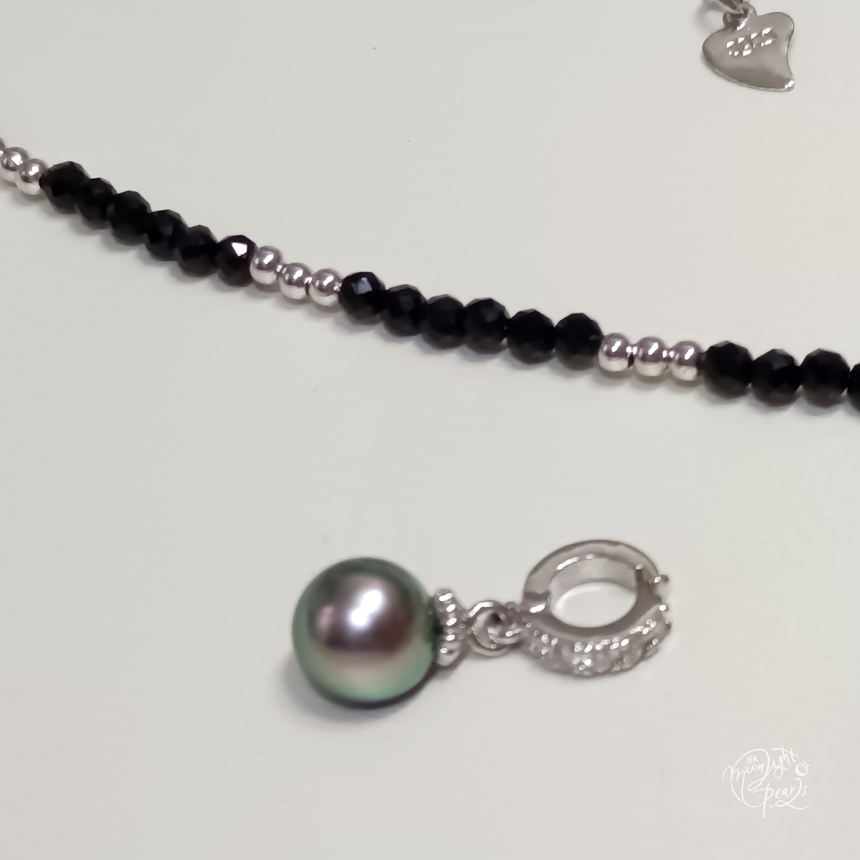 大溪地極光孔雀綠海水馬貝珍珠+黑尖晶石注白可拆卸吊墜鎖骨鍊