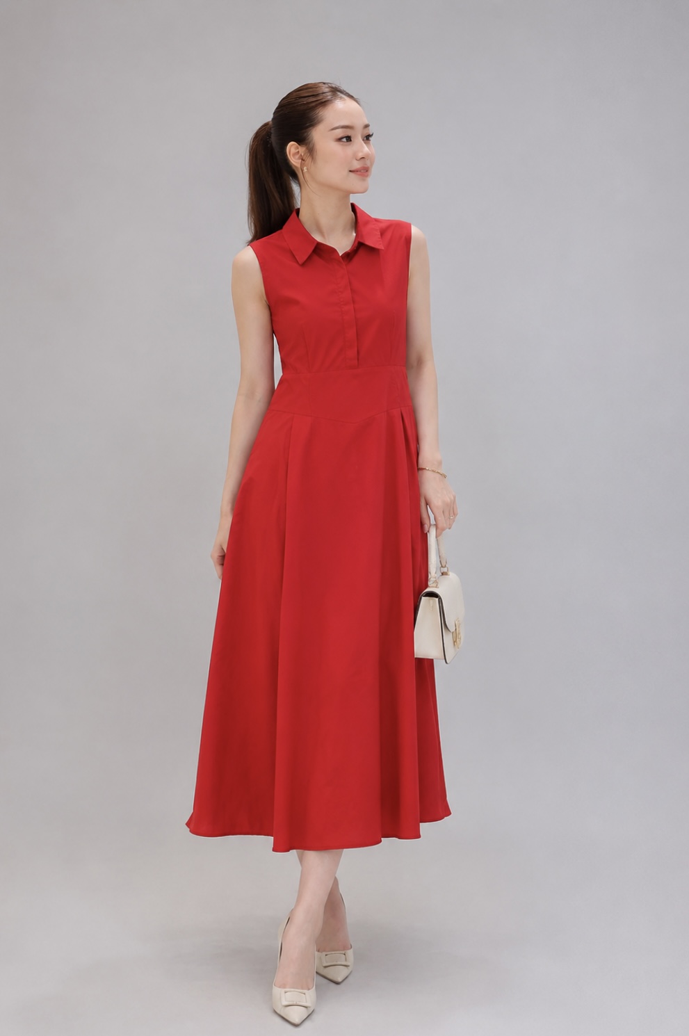1501BD Sleeveless Collared Fit & Flare Midi Dress