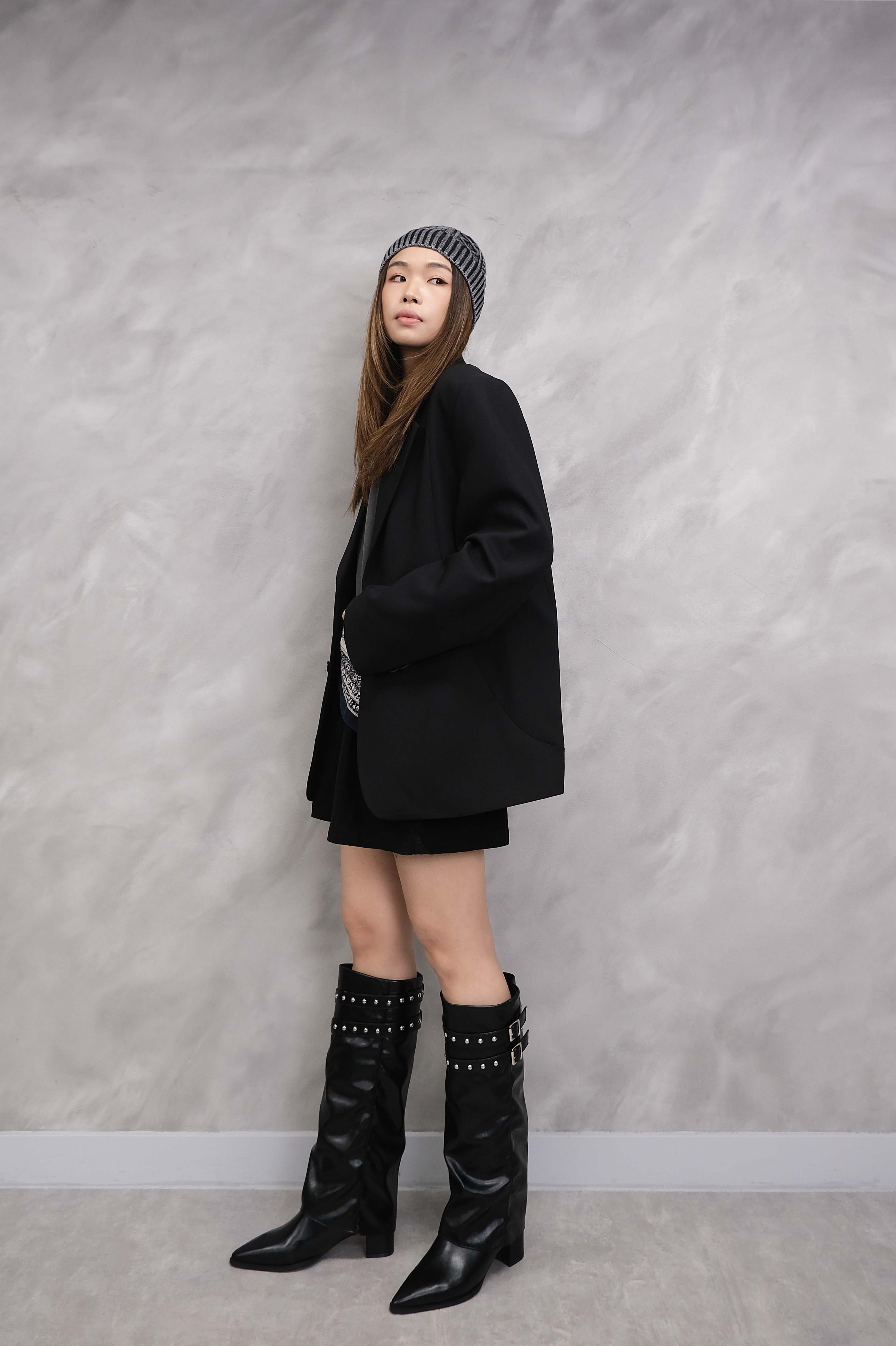 Pointed Studded Buckle Tall Boots