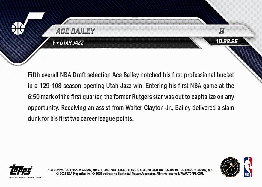 Ace Bailey RC - 2025-26 NBA Topps NOW® #9 Utah Jazz 新人卡｜PR 2,453