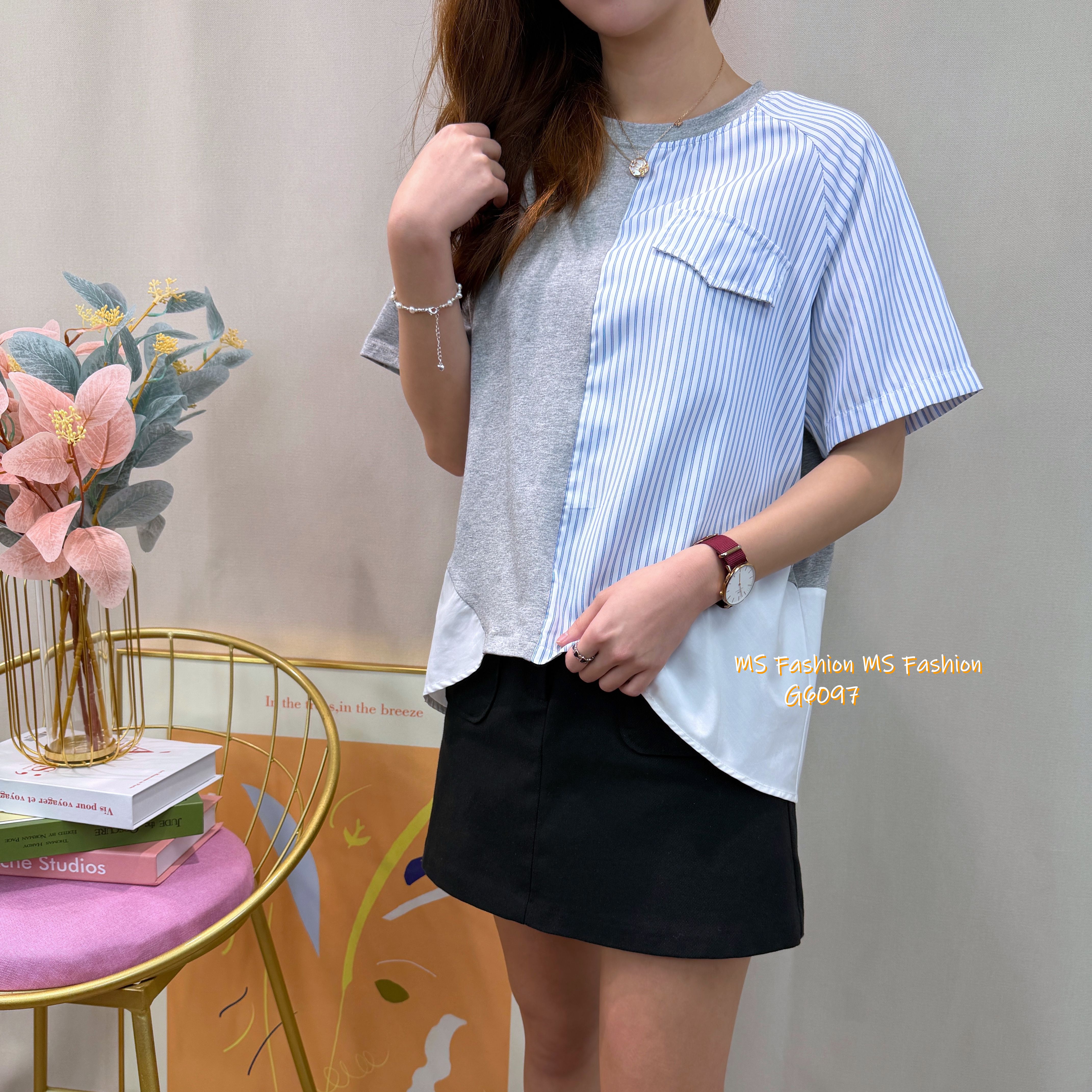 G6097 韓國🇰🇷條子拼布top