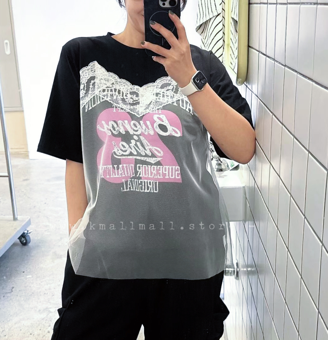 🌼初春優惠🍀 英文字拼LACE網紗Tee